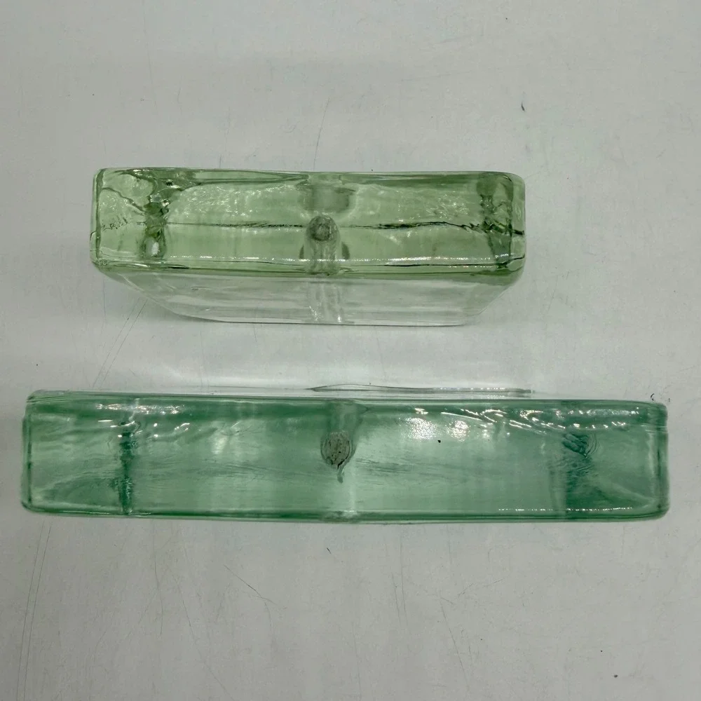 Set of 2 Square Glass Block Bud Vases Minimalist Green Tint Chipped Good